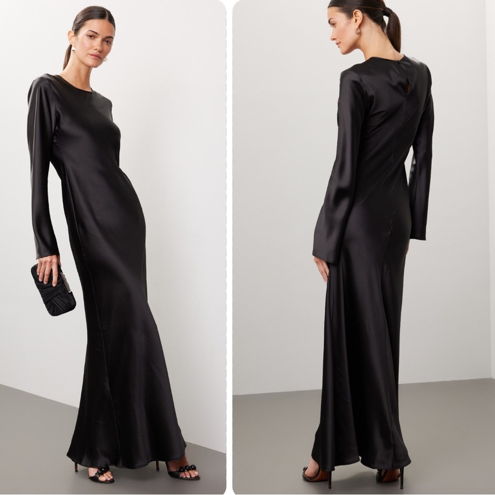 Revolve Delfi Collective Long Sleeve Black Satin Gown Size XS NWT